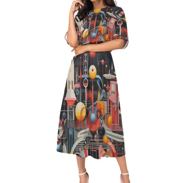 New Vibrant Colorful Print Women's Elastic Waist Dress