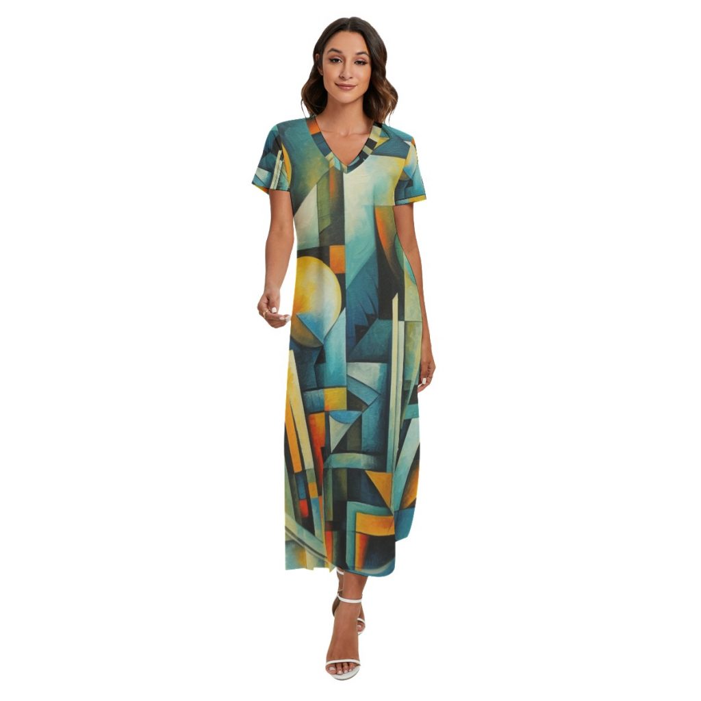 New Colorful Artistic Print Women's V-Neck Dress With Side Slit