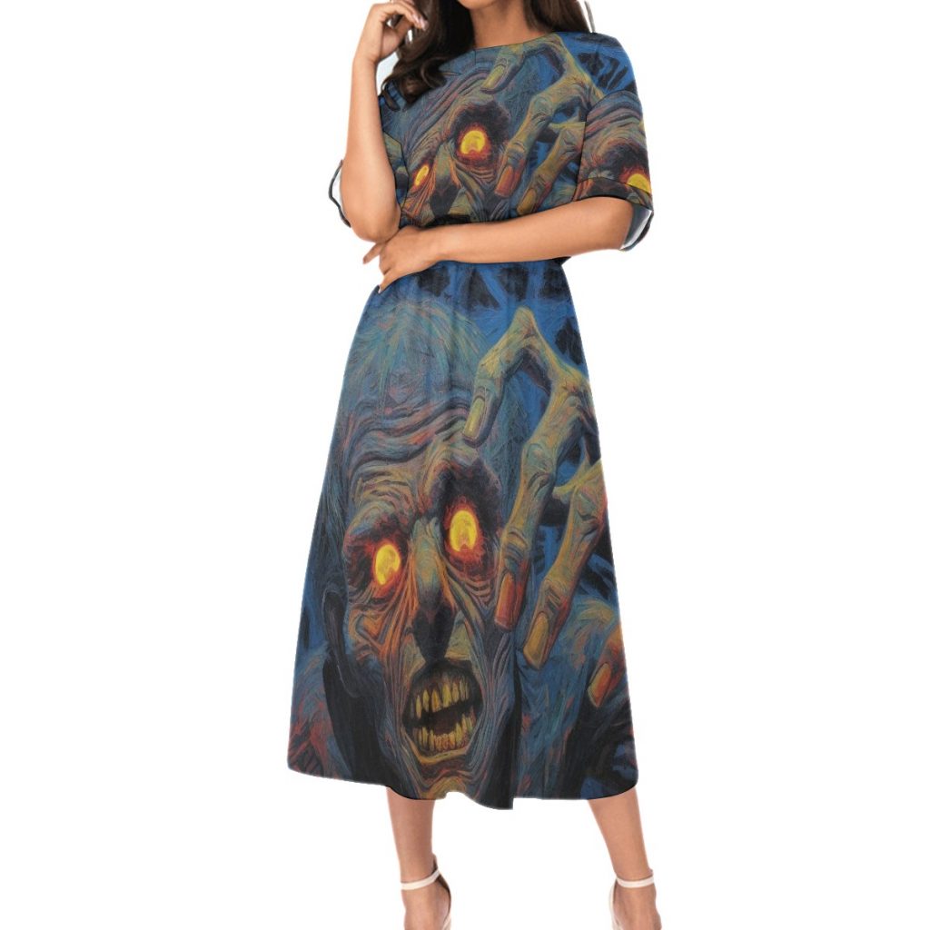 New Colorful Wide Eyed Monster Print Women's Elastic Waist Dress