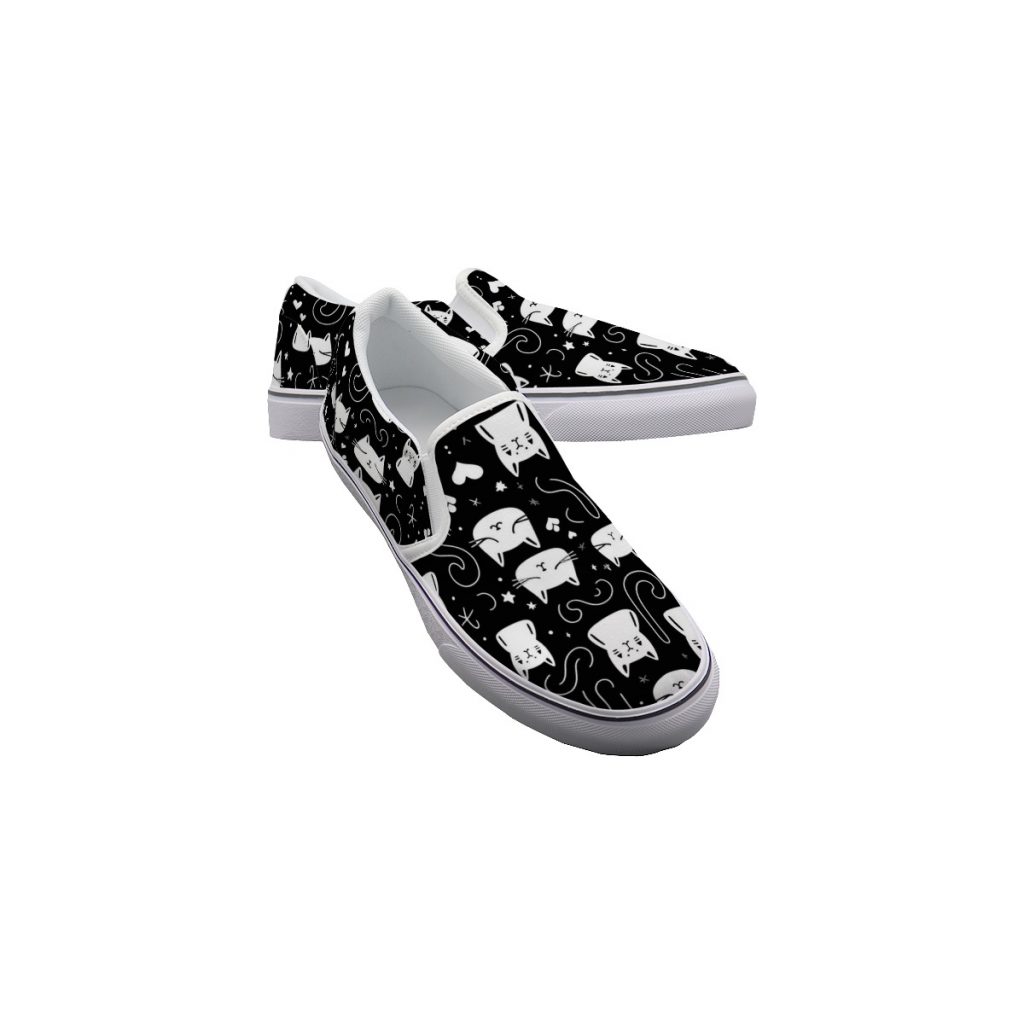 New Fun White Cat Print Men's Slip On Sneakers Shoes