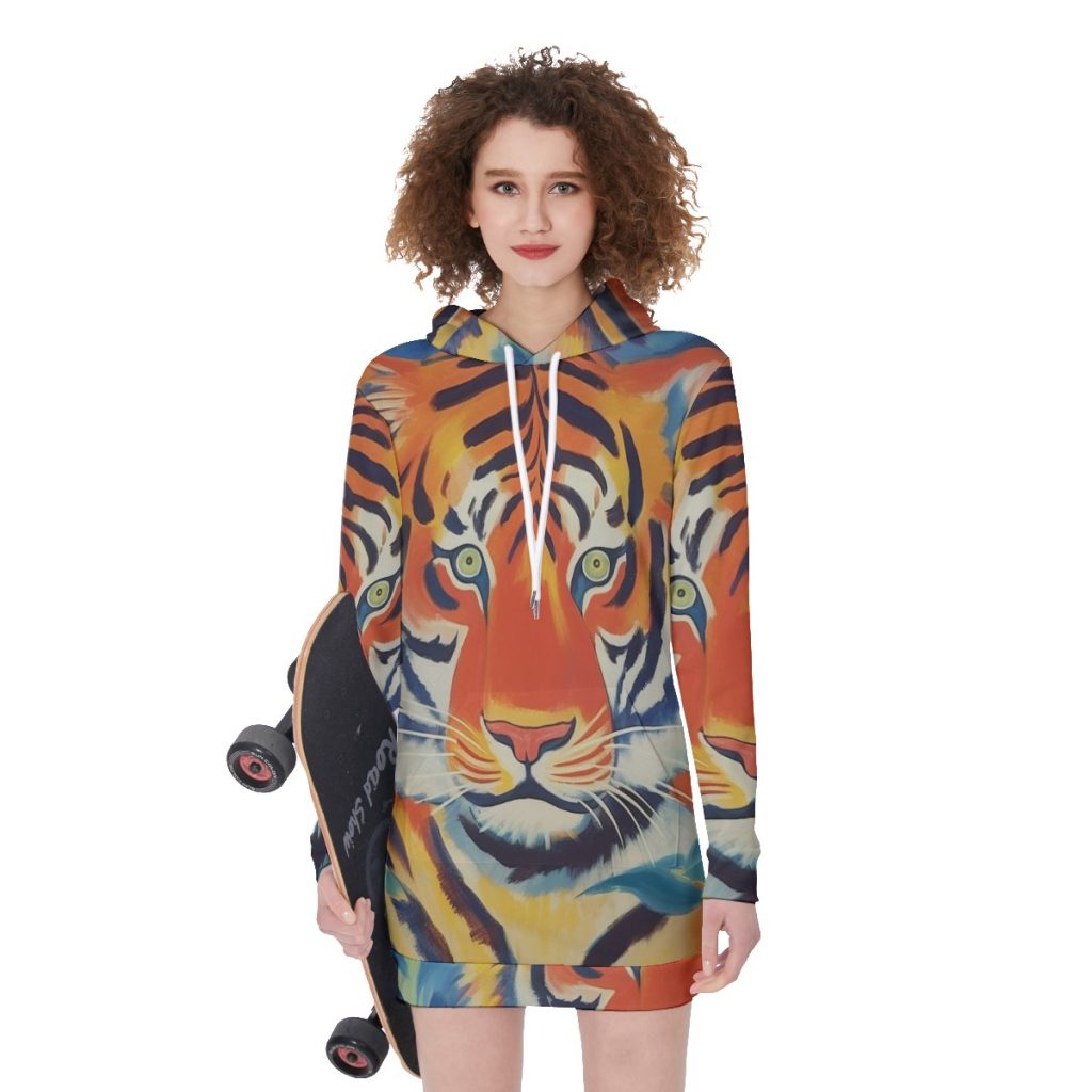 New Vibrant Colorful Tiger Print Women's Long Hoodie