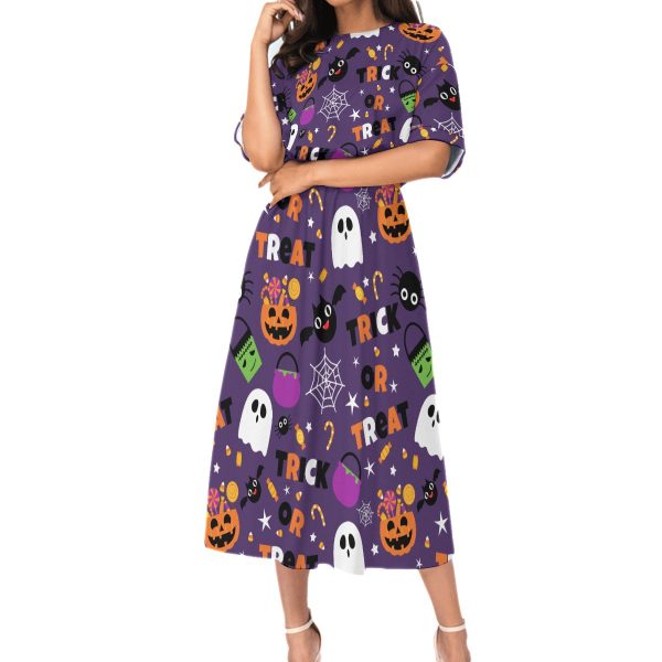 New Halloween Pumpkin Ghost Print Women's Elastic Waist Dress