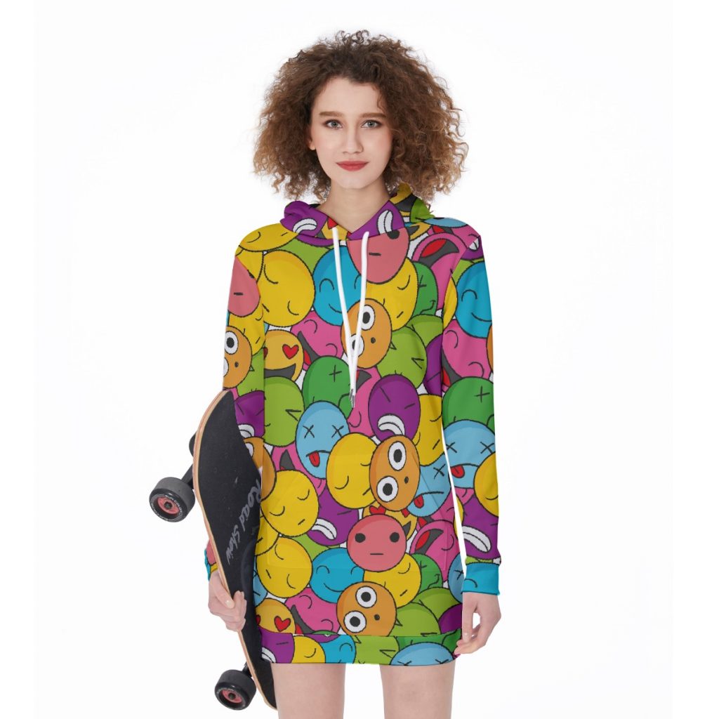 All-Over Colorful Faces Print Women's Long Hoodie