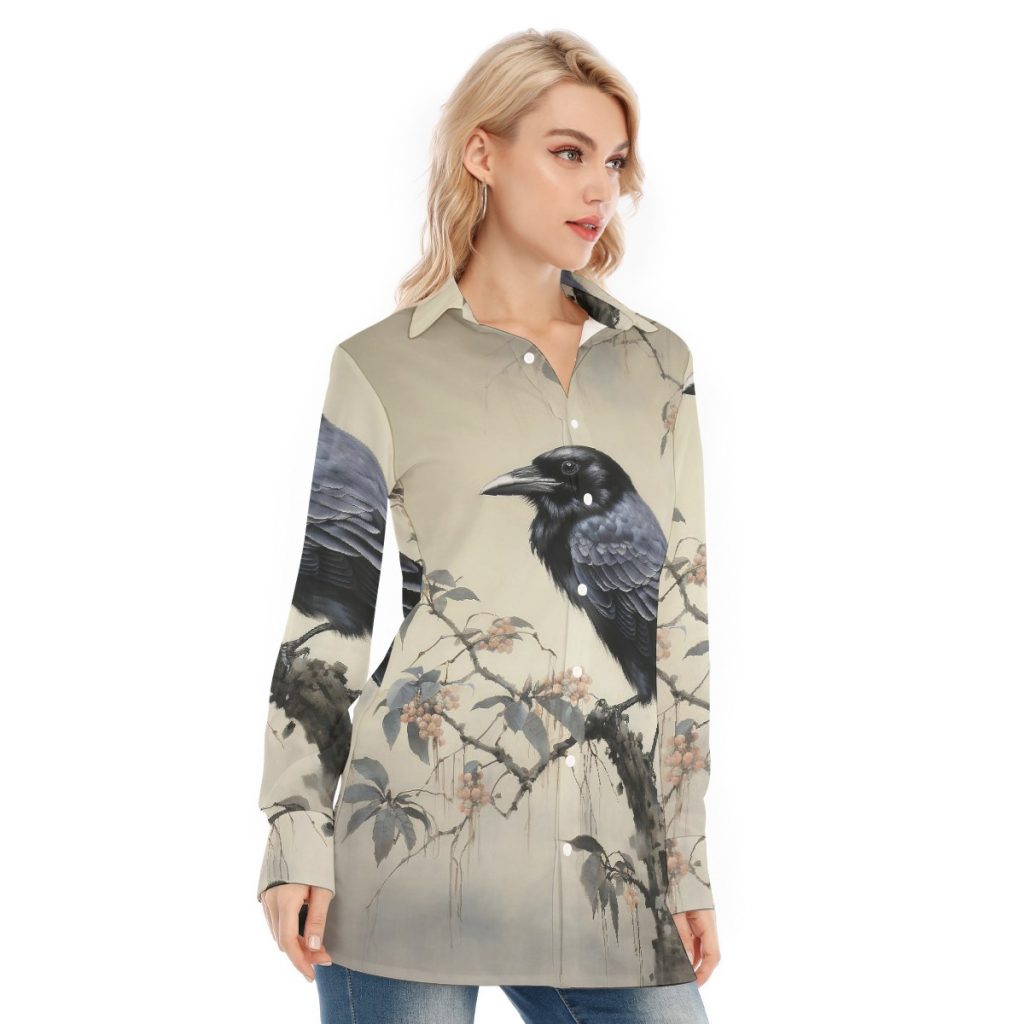 New Button-Down Bird Print Women's Long Shirt