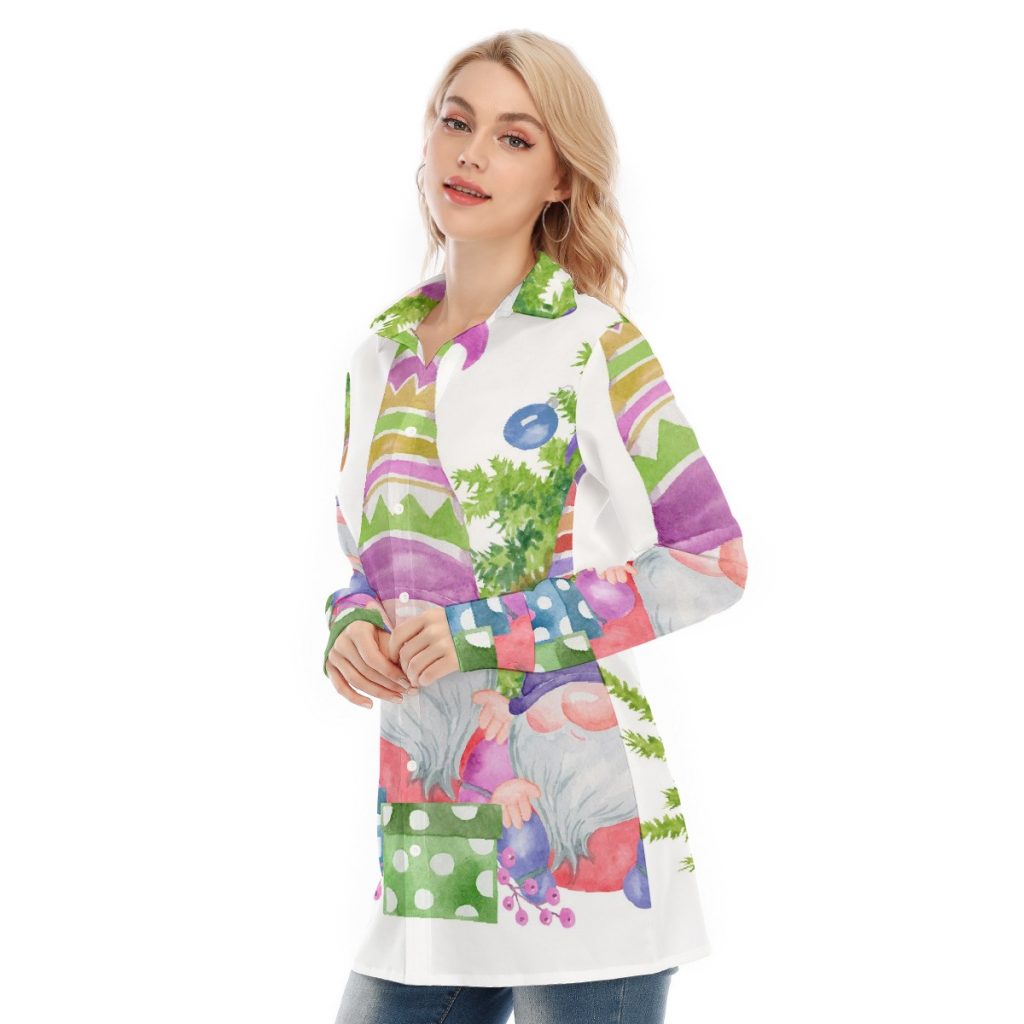 New Colorful Button-Down All-Over Print Women's Long Shirt