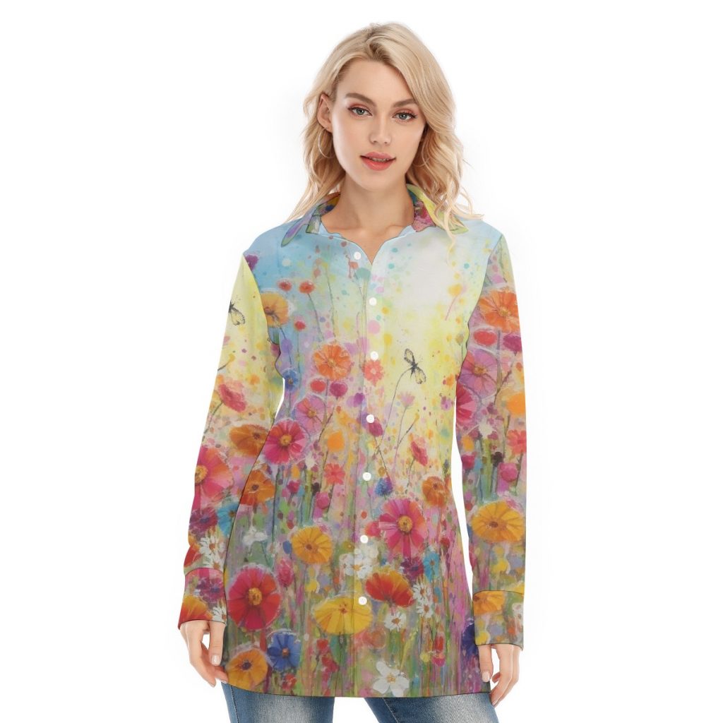 New Colorful Floral Print Women's Long Shirt