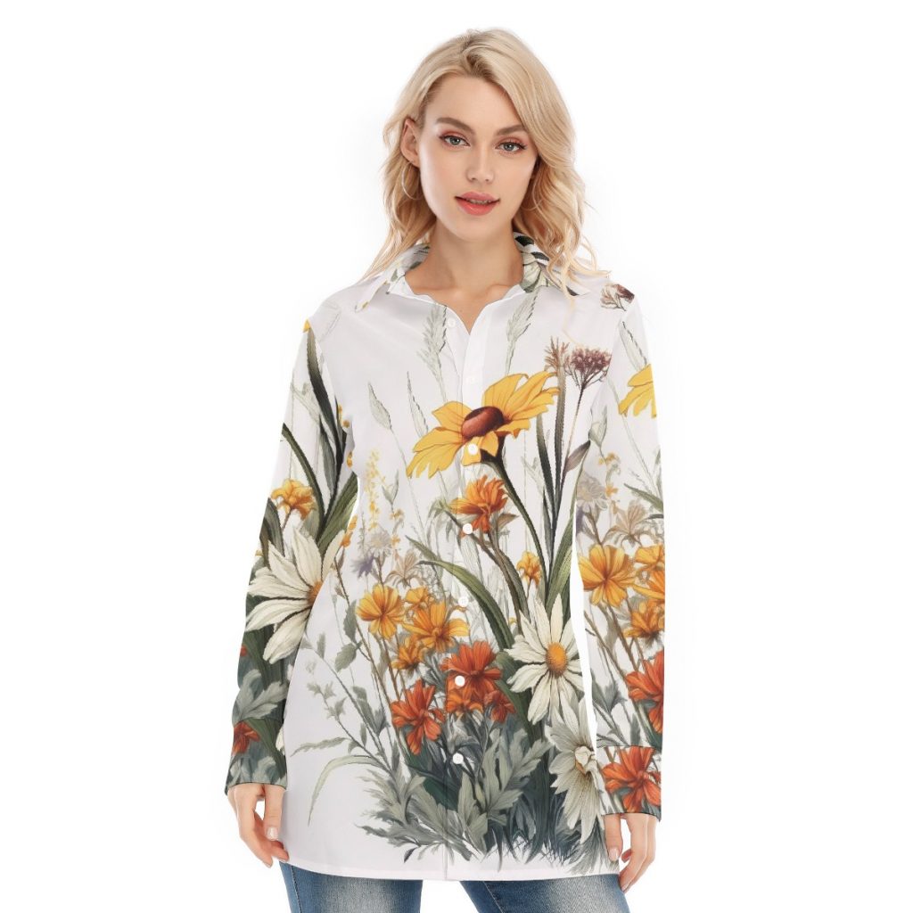 New Button Down Floral Print Women's Long Shirt