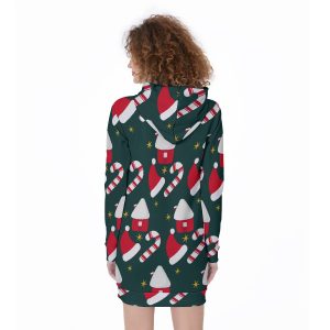 Dark Green Peppermint and Christmas Cap Print Women's Long Hoodie