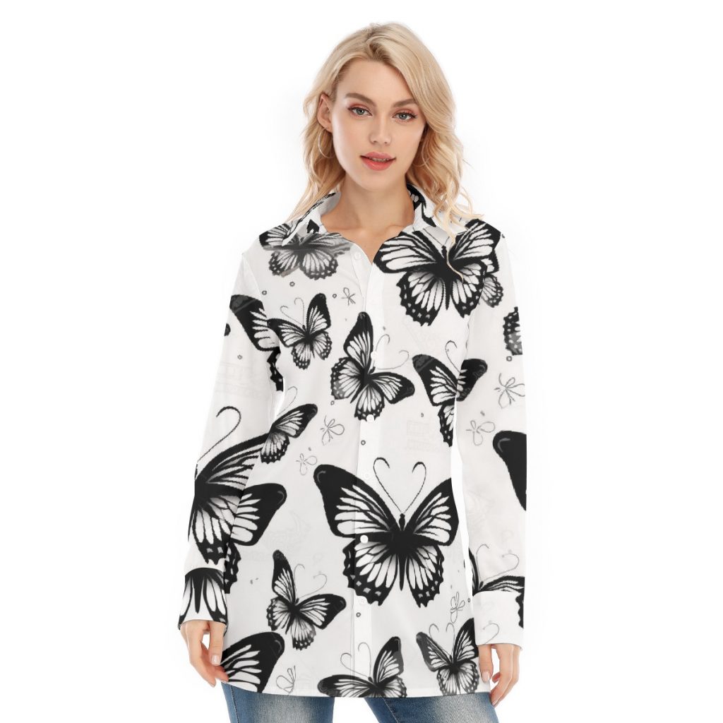 New Black Butterfly Print Women's Long Shirt