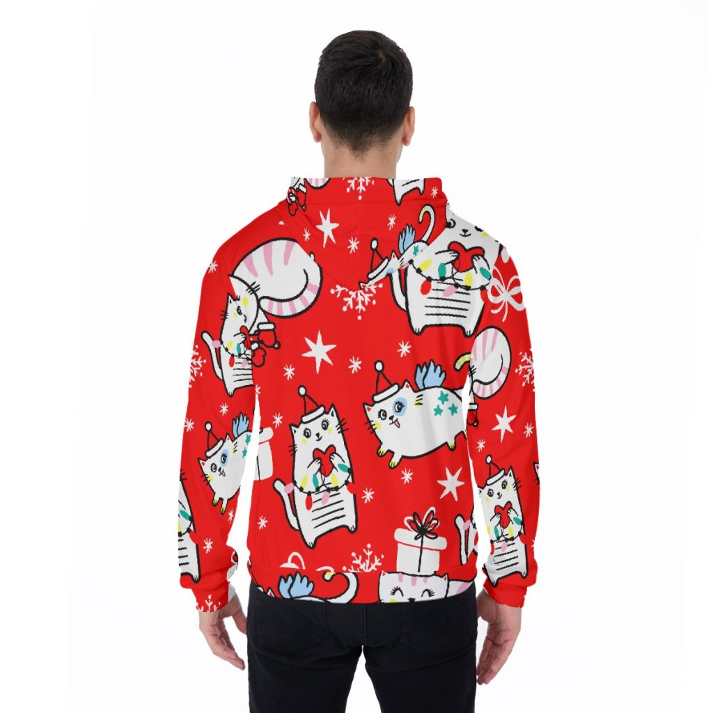 Red Fun Cat Print Men's Thicken Pullover Hoodie
