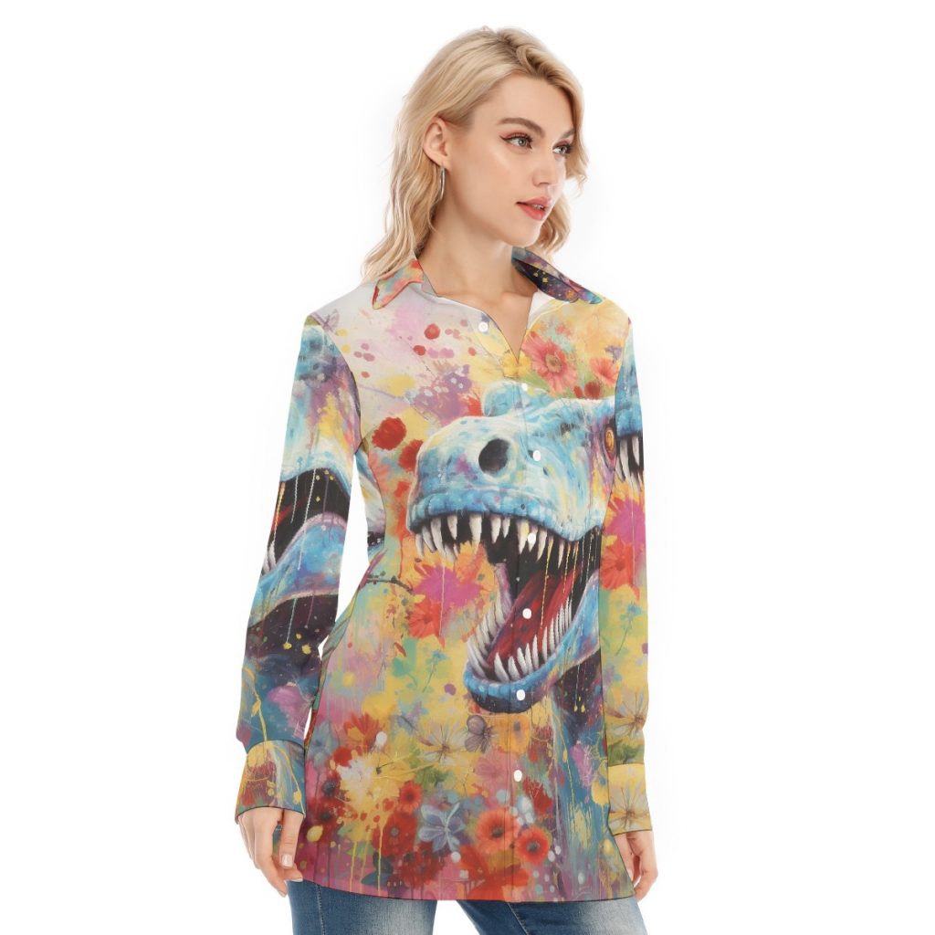 New Colorful Dinosaur Print Women's Long Shirt