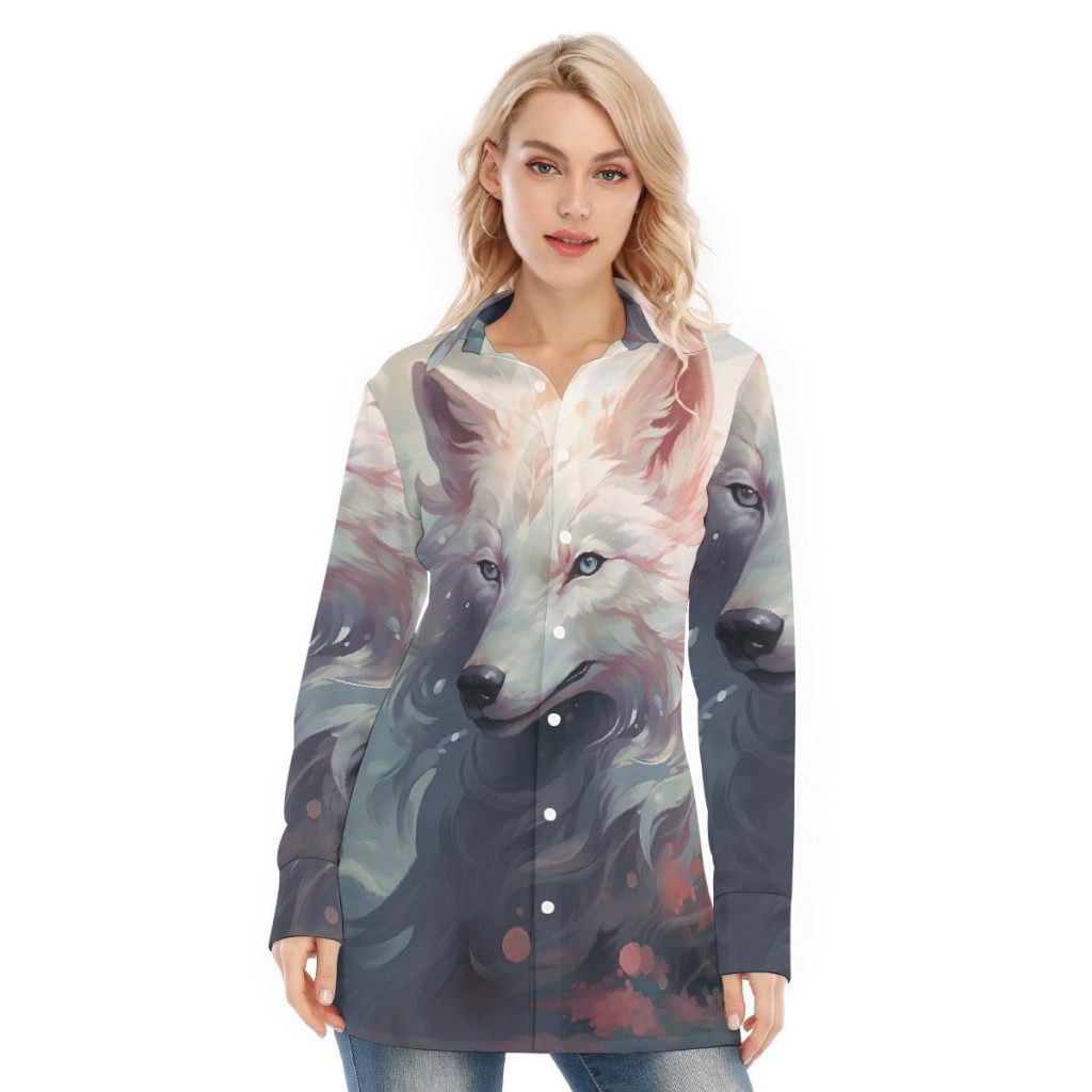 New Button Down Wolf Print Women's Long Shirt