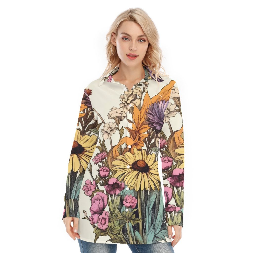 New Button Down Floral Print Women's Long Shirt