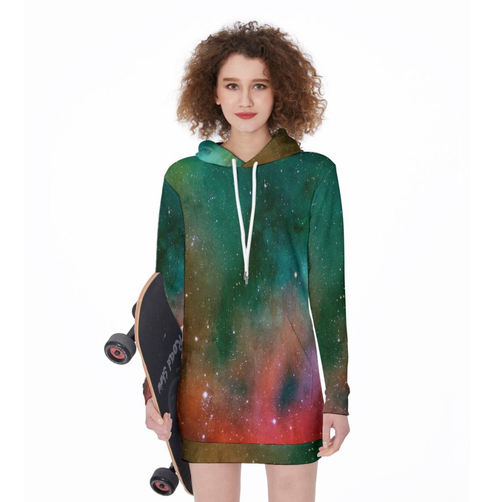 Green Starry Night Print Women's Long Hoodie