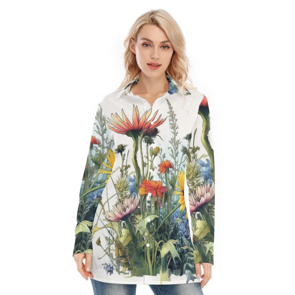 New Vibrant Floral All-Over Print Women's Long Shirt
