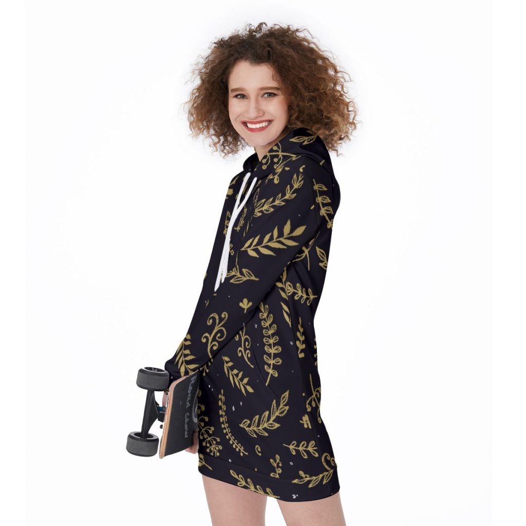 Black & Gold All-Over Leaf Print Women's Long Hoodie