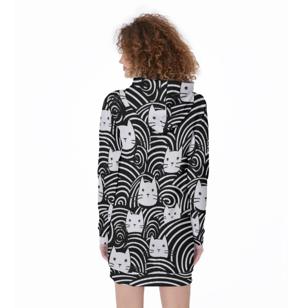 All-Over White & Black Cat Swirl Print Women's Long Hoodie