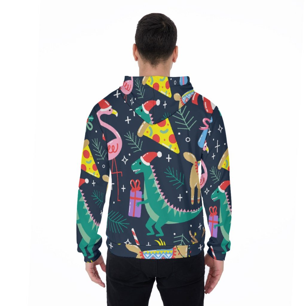 Fun Pizza Dinosaur Christmas Print Men's Thicken Pullover Hoodie