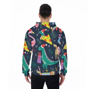 Fun Pizza Dinosaur Christmas Print Men's Thicken Pullover Hoodie