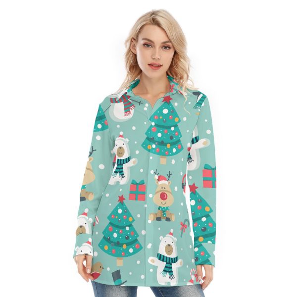 New Turquoise Christmas All-Over Print Women's Long Shirt