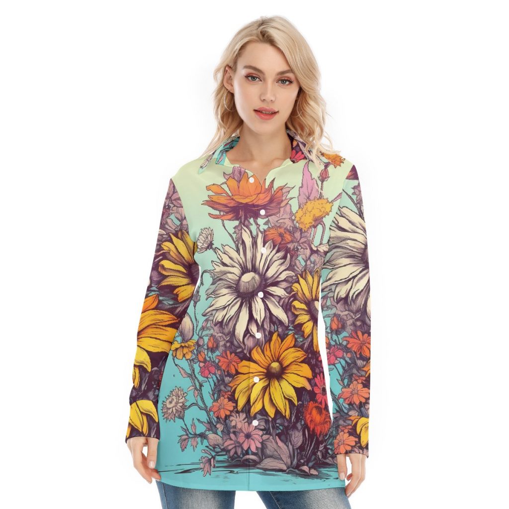 New All-Over Floral Print Women's Long Shirt
