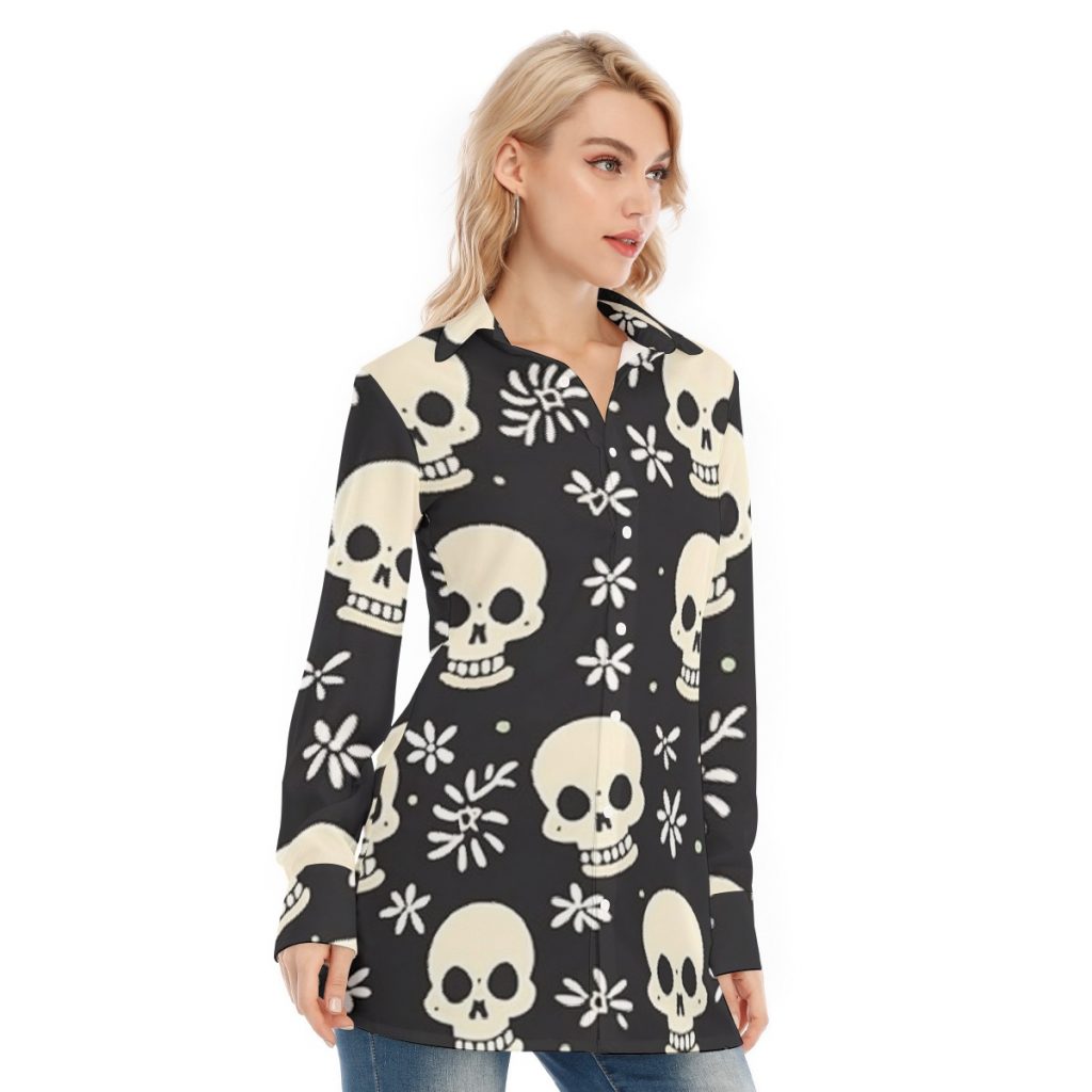 New Button-Down Black Women's Long Shirt (Zombie Print)