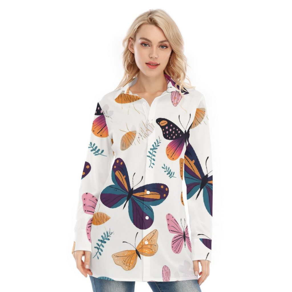 New Button Down Butterfly Print Women's Long Shirt