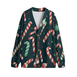 Unisex V-neck Knitted Fleece Cardigan With Button Closure - Candy Cane Christmas Print