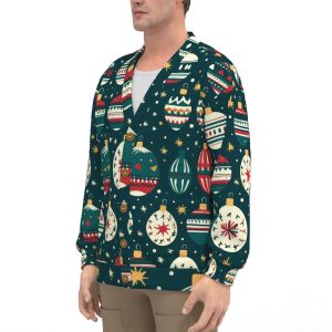 Unisex V-neck Knitted Fleece Cardigan With Button Closure - Green Christmas Ornament Print