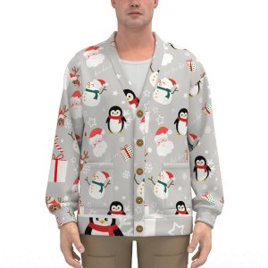 Unisex V-Neck Knitted Fleece Cardigan With Button Closure - Christmas Snowmen Print