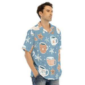 Men's Hawaiian Shirt With Button Closure - Light Blue Coffee Cup Print