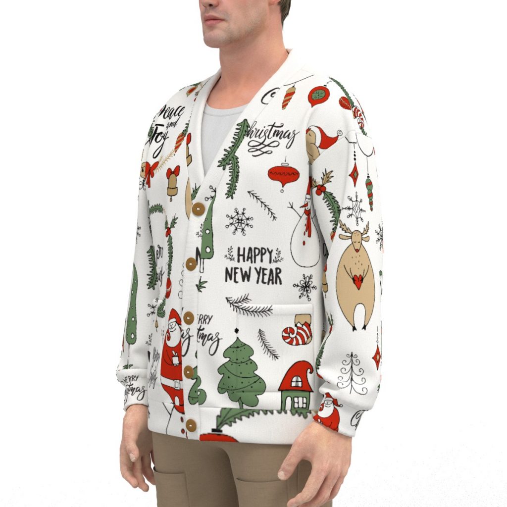 White 'New Year' Print Unisex V-Neck Knitted Fleece Cardigan With Button Closure