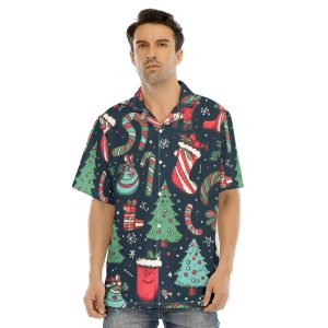 Men's Shirt With Button Closure - Christmas Trees, Stockings, Peppermint Candy Print