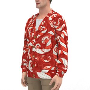 Unisex V-neck Knitted Fleece Cardigan With Button Closure - Red Swirl Peppermint Print