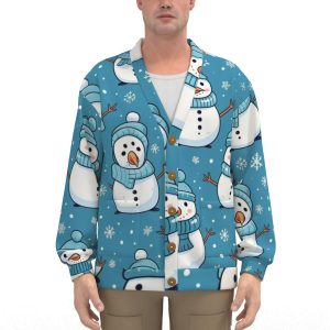 Unisex V-neck Knitted Fleece Cardigan With Button Closure - Snowmen Print