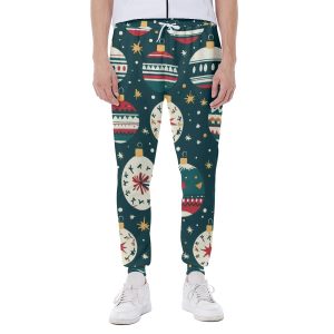 Dark Green Christmas Balls Print Men's Sweatpants