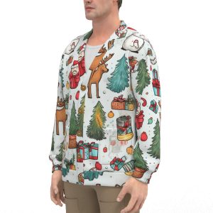 Unisex V-Neck Knitted Fleece Cardigan With Button Closure - All-Over White Christmas Print