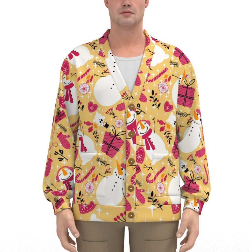 Yellow & Red Snowman Print Unisex V-neck Knitted Fleece Cardigan With Button Closure