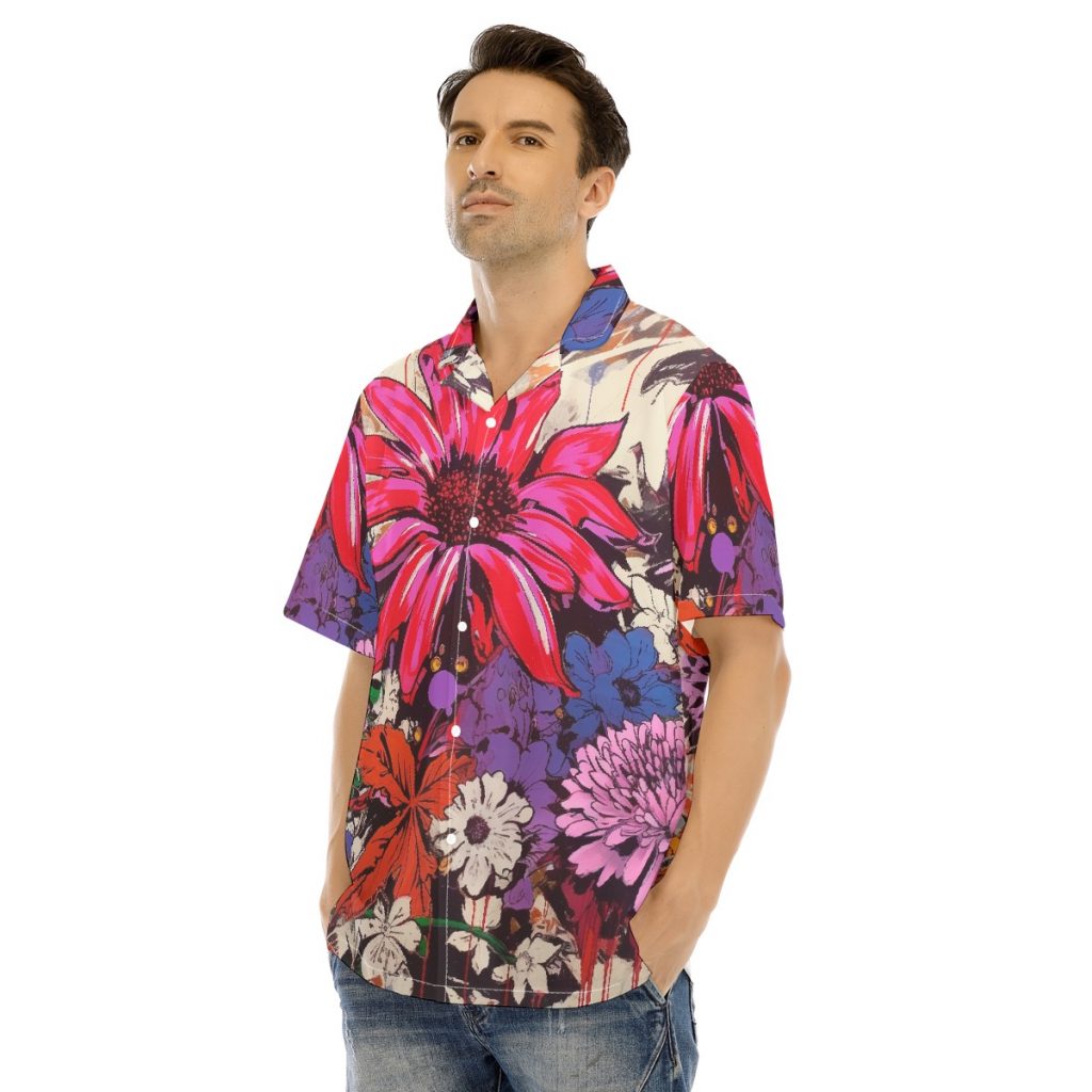 Men's Vibrant Floral All-Over Print  Hawaiian Shirt With Button Closure