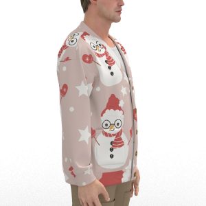 Unisex V-neck Knitted Fleece Cardigan With Button Closure - Light Pink Snowmen Winter Print