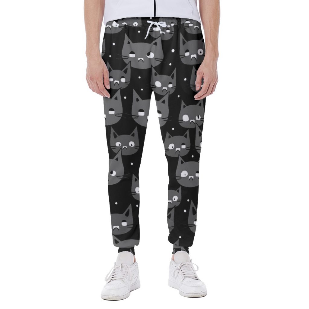 Black and Gray Cute Cat Print Men's Sweatpants