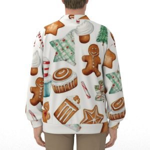 Men's Gingerbread Print Unisex V-neck Knitted Fleece Cardigan With Button Closure