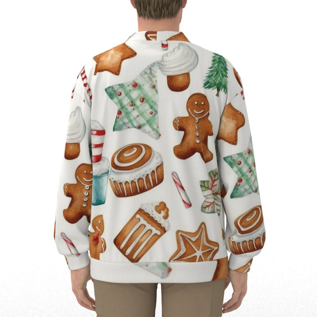 Unisex V-Neck Knitted Fleece Cardigan With Button Closure - Gingerbread Cinnamon Roll Christmas Print