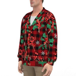 Unisex V-Neck Knitted Fleece Cardigan With Button Closure - Plaid Mistletoe Christmas Print