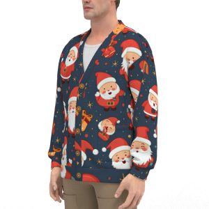 Unisex V-Neck Knitted Fleece Cardigan With Button Closure- All-Over Santa Christmas Print