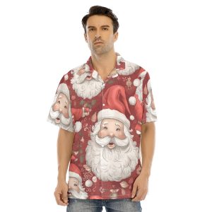 Men's All-Over Santa Christmas Print Hawaiian Shirt With Button Closure