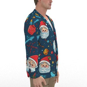 All-Over Santa Print Unisex V-neck Knitted Fleece Cardigan With Button Closure