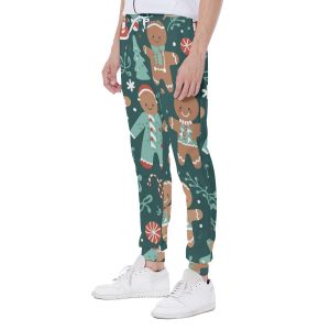 Dark Green Ginger Bread Man Christmas Print Men's Sweatpants