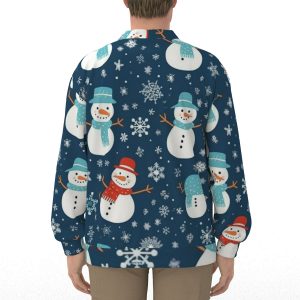 Unisex V-neck Knitted Fleece Cardigan With Button Closure - All-Over Snowmen (Christmas) Print