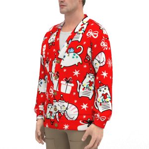 Unisex V-neck Knitted Fleece Cardigan With Button Closure - Red Cat Christmas Print